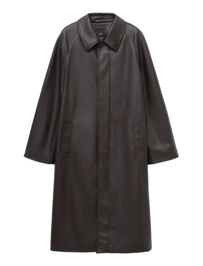 Mango Long Faux-Leather Trench Coat Brown M