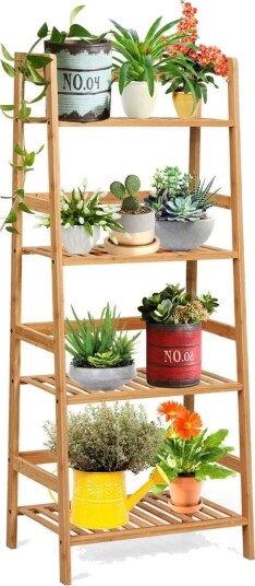Stående hylle med 4 nivåer stigehylle laget av bambus bokhylle plantehylle balkonghylle 48 x 32 x 115 cm naturlig Stående hylle med 4 nivåer stigehylle laget av bambus bokhylle plantehylle balkonghylle 48 x 32 x 115 cm naturlig