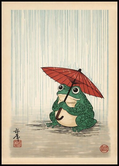 Japanese Frog with Umbrella Poster Woodblock Art Print Plakat Plakat / 30x40cm