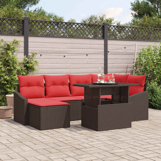 vidaXL Sofa sett 7 stk. Brun og rød Poly rattan