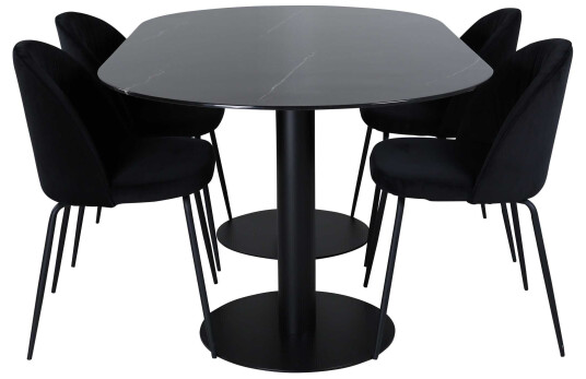 Venture Design Pillan & Wrinkles spisegruppe Svart/svart 4 stoler & bord 180 x 100 cm