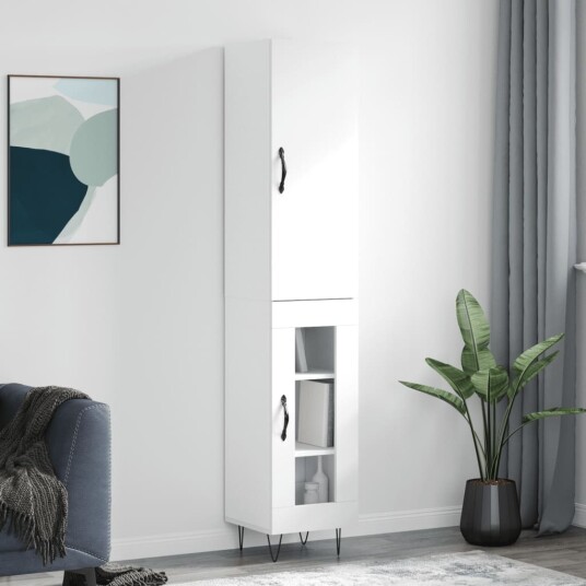 Highboard hvit 34,5x34x180 cm konstruert tre