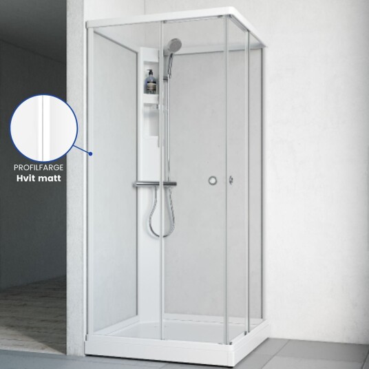 Macro Flow Rett Dusjkabinett, m/armatur 81x81 cm, Hvit/Klarglass, Klar bakvegg