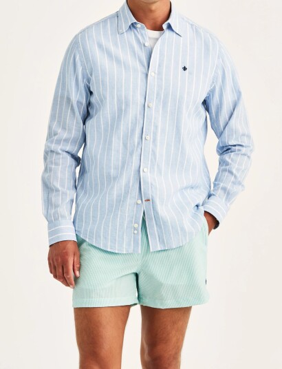 Morris Douglas Linen Mix Stripe Shirt Classic Fit Blue XXL