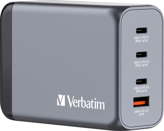 Verbatim 240W GaN Lader med 4 Porter, USB-A og USB-C, Hurtiglading