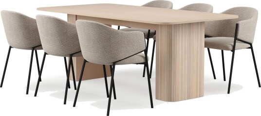 Kopparbo Spisebord 200-260 cm Uttrekkbart med ileggsplate med 6 Filip Spisestoler - Hvit / Taupe Bouclé