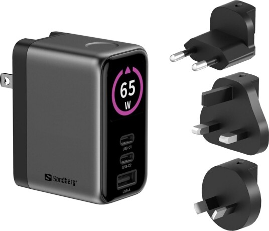 Sandberg 65W GaN Reisekabel med Effektvisning Grå Mobillader Sandberg 65W GaN Reisekabel med Effektvisning Grå Mobillader