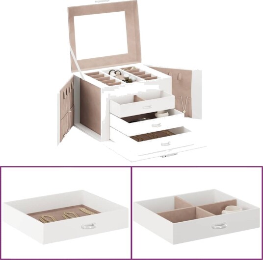 smykkeskrin 4-lags med speil låsbar hvit 22,5x17,5x16,5 cm