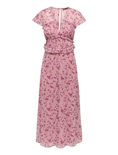 ONLY Onlvalda S/S Long Frill Dress Wvn Ex   Pink   L
