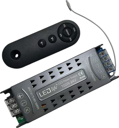 100W / 24V DC dimbar strømforsyning 4.17A IP20 innendørs med fjernkontroll flimmerfri 100W / 24V DC dimbar strømforsyning 4.17A IP20 innendørs med fjernkontroll flimmerfri