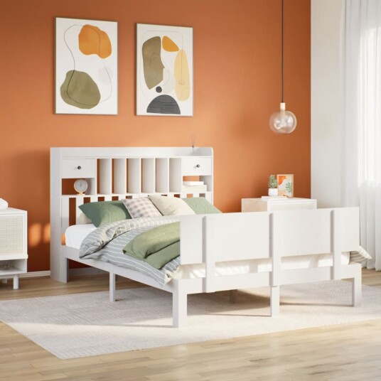  Seng med bokhylle uten madrass hvit 140x200 cm heltre furu 8721158614803