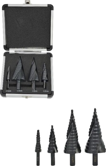Drill Aw-Tools Aw Bor Graderet Spiralsett. 4Stk../ 4-12 4-20 4-32 4-39Mm/ Aicrn/ Svart/ Kasse Plast