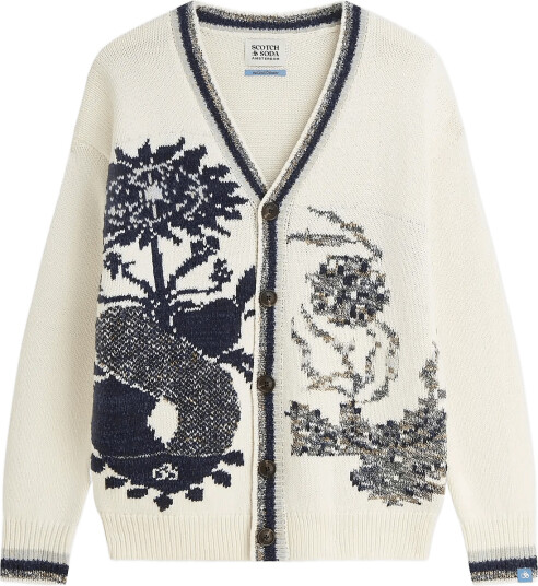 Scotch & Soda Intarsia Cotton Blend Dropped Shoulder Cardigan Cream L