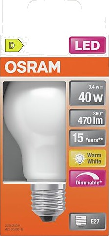Osram led lyspære e27 classic a40 470lm matt dimbar varmhvit