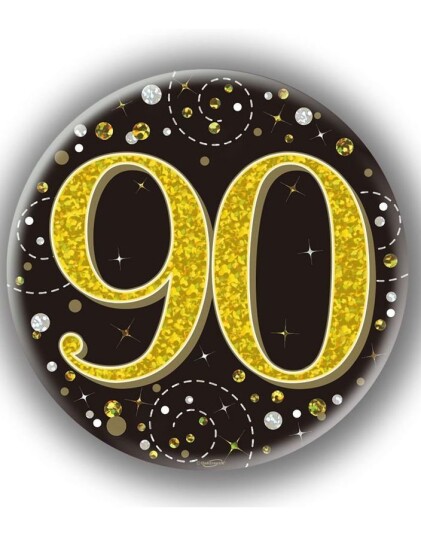 90 års Feiring Svart og Gullfarget Holografisk Stor Button/Badge