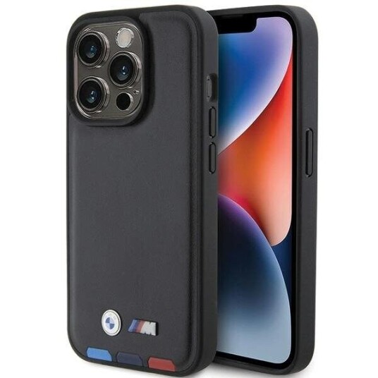 BMW iPhone 15 Pro 6,1" Mobildeksel med Lærforsegling Svart Tricolor