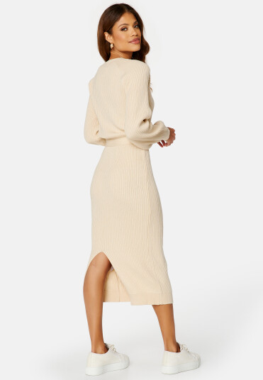 BUBBLEROOM Round Neck Rib Knitted Midi Dress Light beige L BUBBLEROOM Round Neck Rib Knitted Midi Dress Light beige L