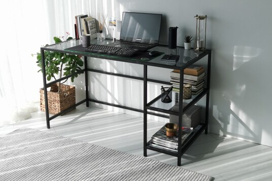 Skrivebord Vallsbo 130 cm med Oppbevaring 2 Hyller Glass/Røykfarget/Svart
