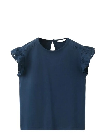 Mango Ruffle Top With Embroidered Details   Navy   4 5