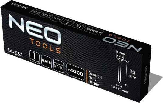 NEO Tools Spiker 14-570 Til Pneumatiske Stiftepistoler, 15 mm, GA18, Type 300 (F) 4000 Stk.