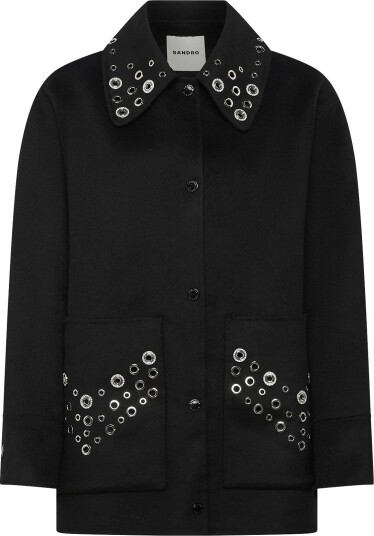 Sandro Wool Coat Embellished With Eyelets BLACK 38 Sandro Wool Coat Embellished With Eyelets BLACK 38