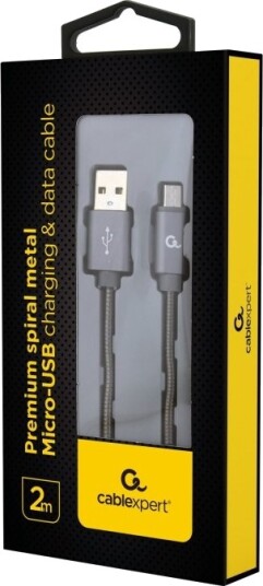 Cablexpert Premium Spiral Metall Usb-Kabel Micro-Usb Type B Hann Til Usb Hann Usb 2.0 2,1 A 2 Metallgrå