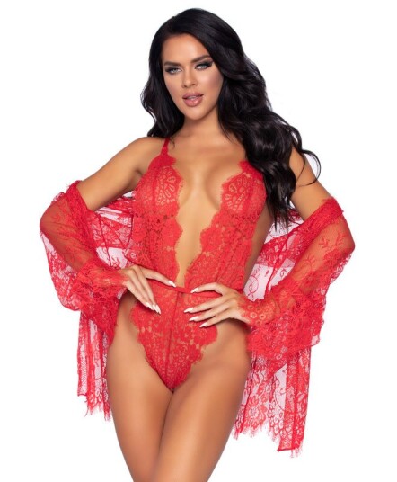 Leg Avenue Rød Blondeteddy M/ Kimono Large