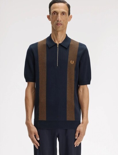 Fred Perry Panel Detail Knitted Shirt Navy L Fred Perry Panel Detail Knitted Shirt Navy L