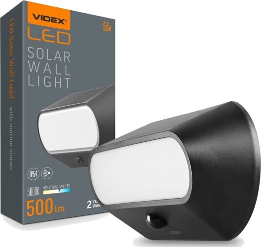 Videx 500lm Solcelle LED vegglampe med sensor IP54 5000K sort bevegelsessensor utendørs Kulør : Nøytral Videx 500lm Solcelle LED vegglampe med sensor IP54 5000K sort bevegelsessensor utendørs Kulør : Nøytral