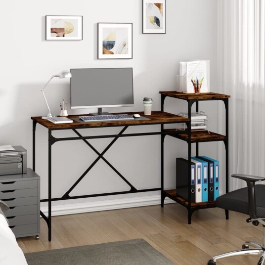 Skrivebord med hyller røkt eik 135x50x90 cm konstruert tre jern Skrivebord med hyller røkt eik 135x50x90 cm konstruert tre jern