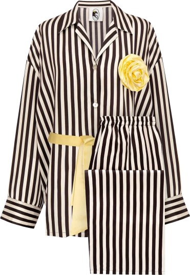 Sleeper The Rose Oversized Pajama Set In Stripes With Yellow Trim - WHITE&BLACK - M