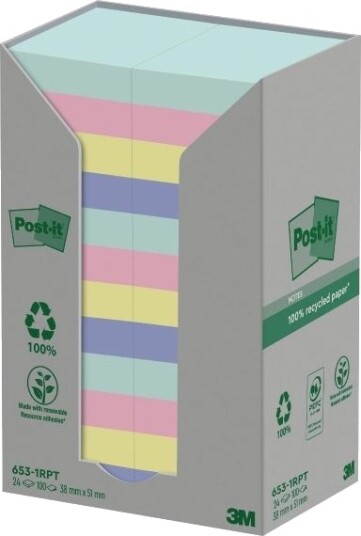 Post It 653 1Rpt Noter 38 X 51 Mm 2400 Ark 24 X 100 Blå Grønn Lysegrønn Grå