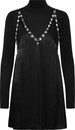 Maje Black Satin Dress With Jeweled Straps   Black   34