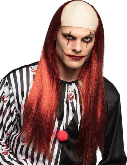 Killer Clown Lang Rød Parykk med Skallet Panne