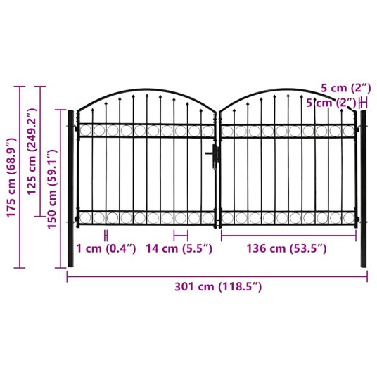 vidaXL Hageport med dobbel dør og buet topp stål 300x125 cm svart
