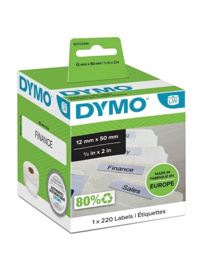 DYMO LW hengemappeetiketter, 12mm x 50mm, Ruller med 220 etiketter, Selvklebende, original