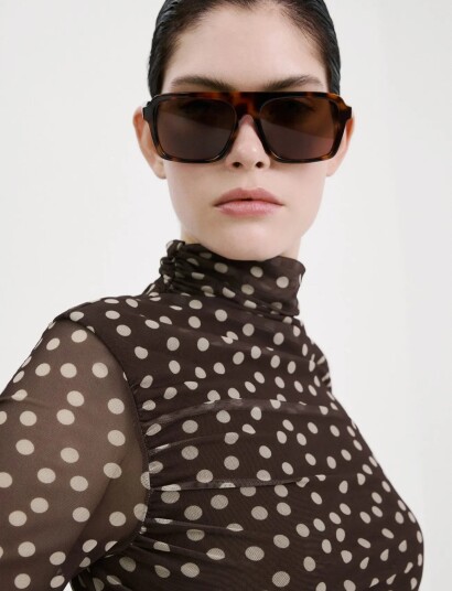 Mango Ruched Polka Dot T Shirt Brown M