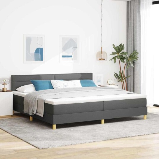 Box Spring Seng med Madrass & LED Dempet Grå 200x200 cm Stoff