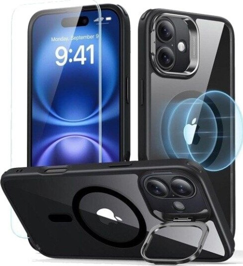 ESR Classic Hybrid Kickstand Halolock MagSafe iPhone 16 Plus + Tempered Glass Screen Protector - Black