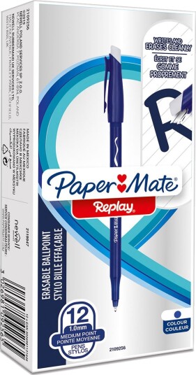 Paper Mate Replay Viskelørbar Kulepenn 1mm 12 Stk Blå