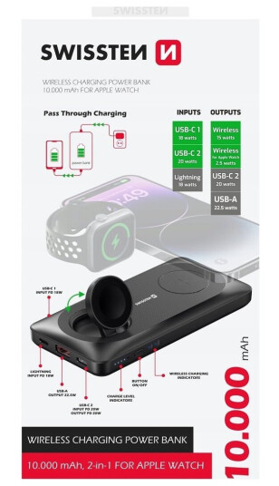Swissten Wireless Power Bank Eksternt Ladebatteri For Apple Watch Og Magsafe-Enhet 10000Mah