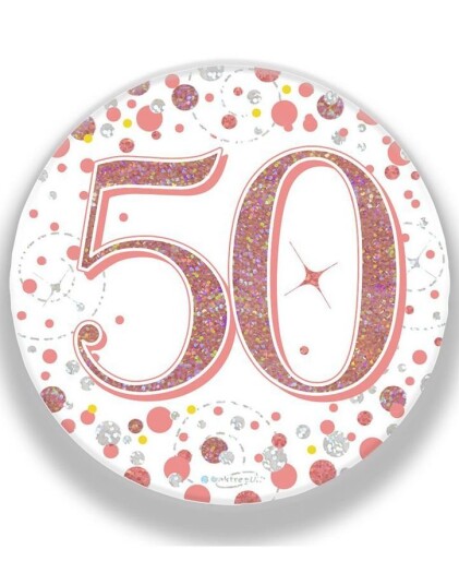 50 års Feiring Hvit og Rosegull Holografisk Stor Button/Badge