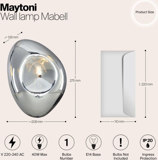 Maytoni Vegglampe Mabell, dimbar, Krom / sølv, Stue / spisestue, Glass, Moderne