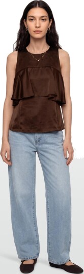 Ganni Double Viscose Satin Ruffle Top Brown 42