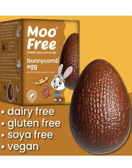 Moo Free Bunnycomb Egg and Bar   Vegansk Sjokoladeegg med Crunchy Toffeebiter og Sjokoladebar 85 gram