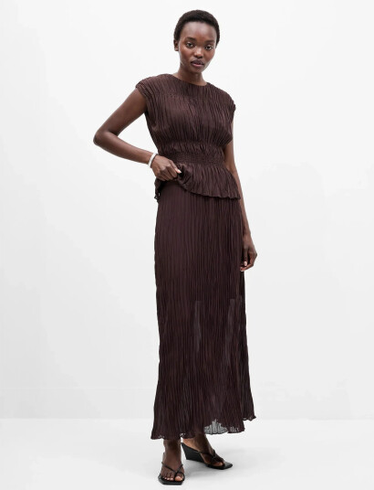 French Connection Saylor Pleated Overlay Skirt Brown 42