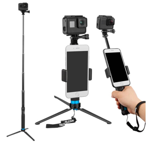 Selfiestang og stativ for GoPro/actionkameraer med mobilholder