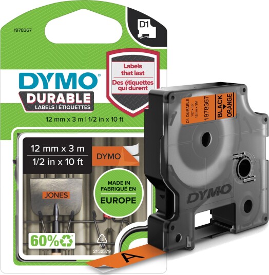 Dymo D1 merkeb??nd ekstra sterk 12???mm????????3???m ??? Svart tekst p?? oransje