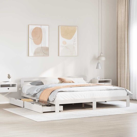  Sengeramme med madrass hvit 200x200 cm heltre furu 8721158410337