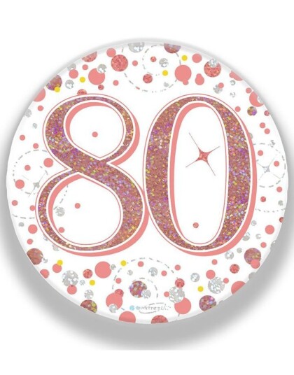 80 års Feiring Hvit og Rosegull Holografisk Stor Button/Badge